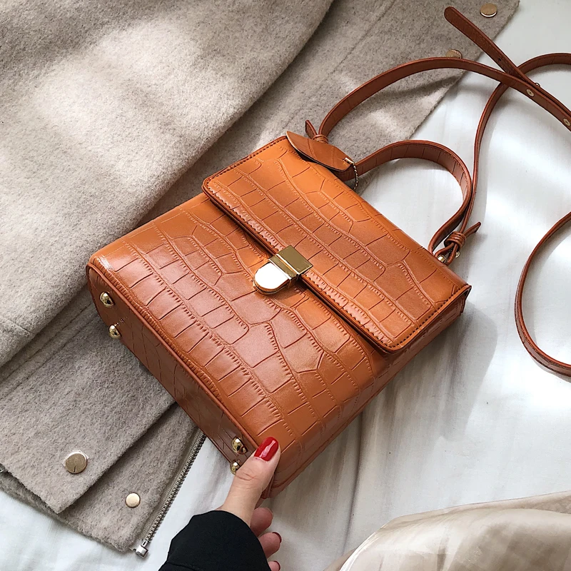 Vintage Fashion Stone pattern Tote bag New High Quality PU Leather Women's Designer Handbag Lock Shoulder Messenger Bag