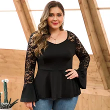 Европа и Америка, осень и зима, стиль, кружевное соединение, труба, длинный рукав, высокая талия, v-образный вырез, оборки, большой размер, для женщин