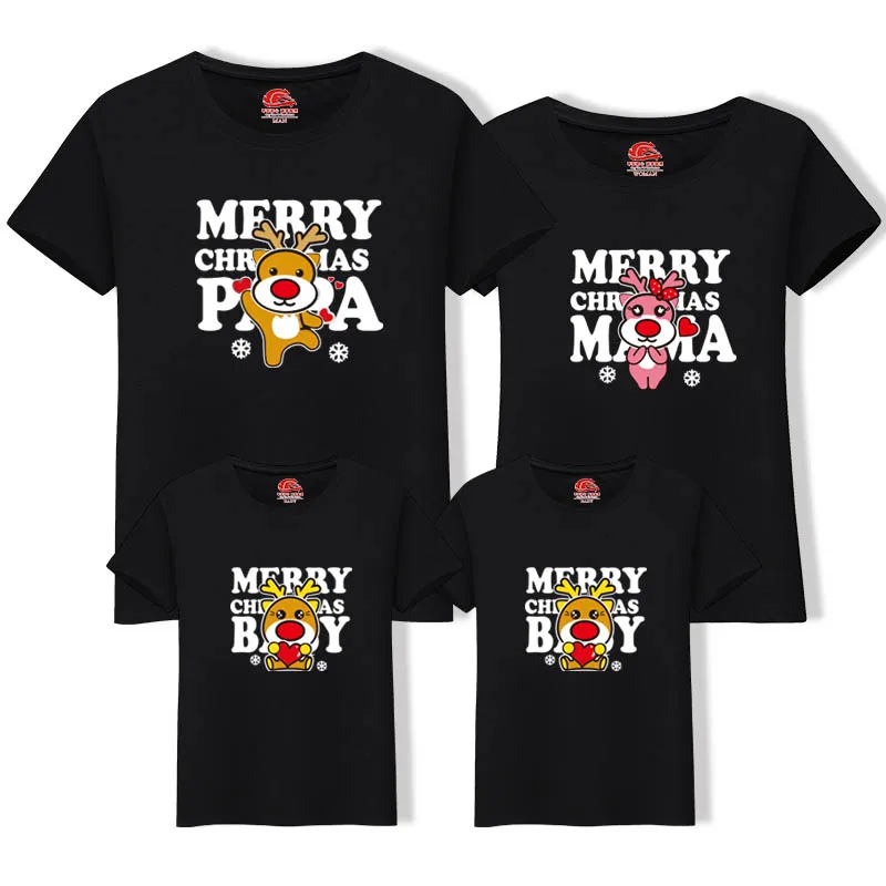 Christmas Casual Family Matching Clothes Cotton T-shirt Summer Mother Daughter Cartoon Short Sleeve Dad Mom Baby Family Suit