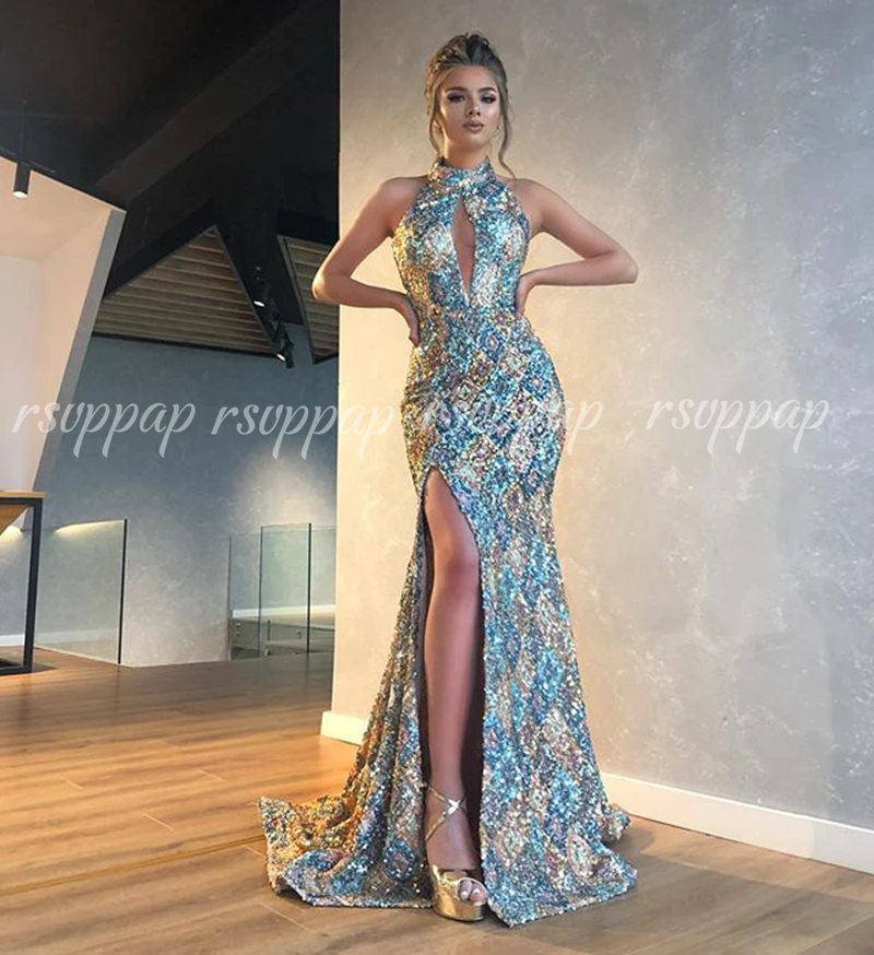

Long Evening Dresses 2019 Sexy High Slit Ladies Mermaid Style Vintage Sequin African Women Formal Evening Gowns