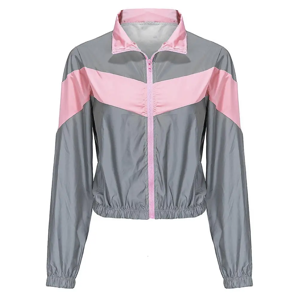 Pink Shirts Женский спортивный костюм, комплект из 2 предметов, светоотражающий укороченный топ на молнии, штаны, ветровка, модная женская Свободная светящаяся повседневная куртка, брюки размера плюс - Цвет: Pink Shirts