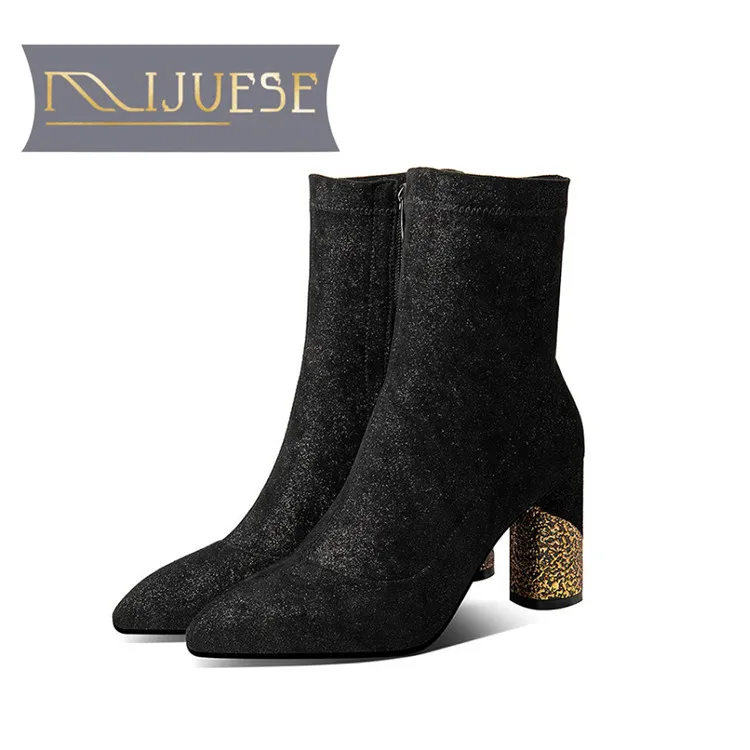 MLJUESE/женские ботинки до середины икры Бархатные на молнии золотого цвета с острым
