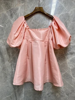 

2020 Spring and Summer New Women's Square Collar Solid Color Decorative Bubble Short-Sleeved a Zi Put All-Match Top 604