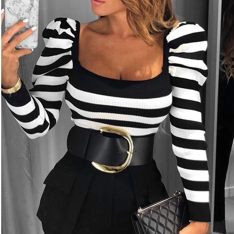 striped Черно-белая полосатая футболка с длинным рукавом Женские вечерние топы с квадратным воротником для фитнеса модные базовые Топы с пышными рукавами Blusas - Цвет: striped