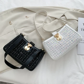 

Retro Woolen Women Handbag Popular Simple Female Daily Bag Female PU Splicing Portable Shoulder Underarm Bags