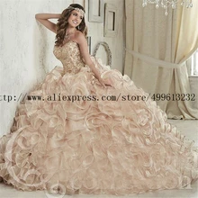 Роскошный Шампанское Вышивка бальное платье со стразами Бальные платья до пола Длина Vestidos De 15 Anos Сладкий 16 платья