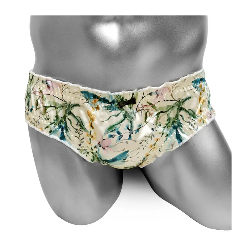 Vintage Floral Sissy Panties Satin Ruffles Mens Briefs Underwear Sexy Lingerie Shiny Cute Kawaii Knickers For Gay Male