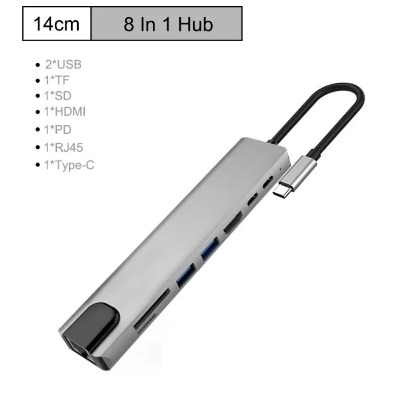 TF кард-ридер RJ45 адаптер 8 в 1 type C концентратор 4K HDMI USB 2,0 PD доставка питания