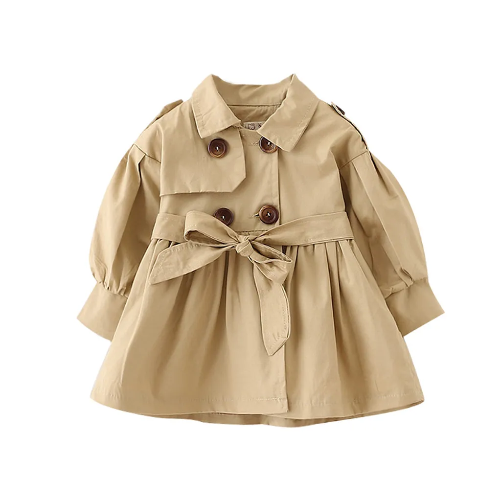 Пальто для маленьких девочек с бантом на поясе, для маленьких девочек, однотонный бант из рюш на поясе, ветрозащитное пальто верхняя одежда, повседневная одежда для девочек - Цвет: Khaki