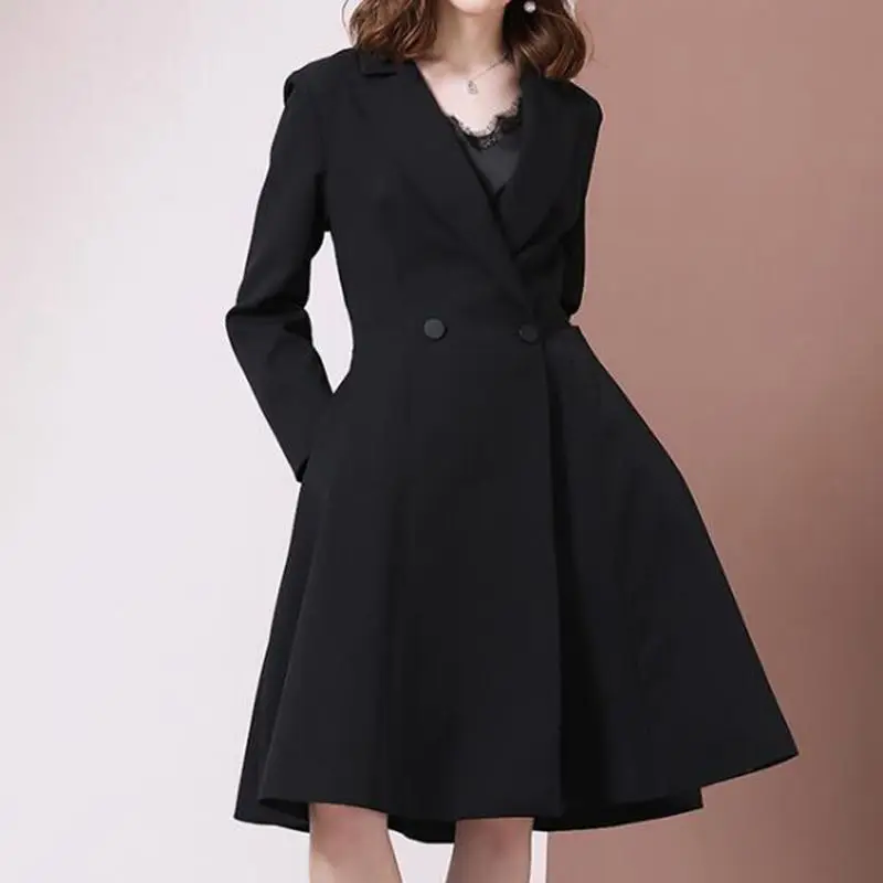 

2019 Autumn Winter Black Trench Coat Feminino