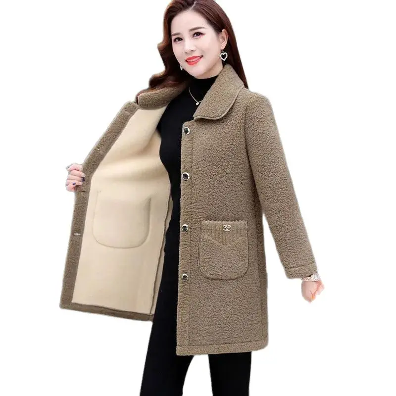 

XL-6XL New Middle-Age Elderly Women's Clothing Thicken Imitation Lamb Wool Coat Mother's Winter Mid-Length Granular Velvet Coat