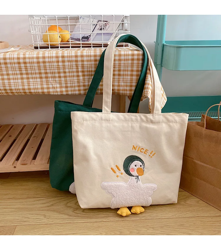 Cute Design Women's Canvas Shoulder Bag Lovely Duck Embroidery Student Girls School Book Tote Handbags Female Large Shopper Bags