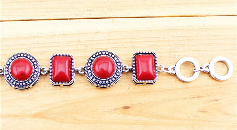 Круглый продолговатые бисера Красный камень браслет для Для женщин Винтаж старинное серебро покрытием коктейль Модные украшения TB118