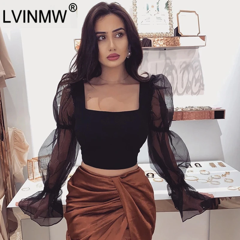 LVINMW Сексуальная сетчатая Футболка с рукавами фонариками и квадратным воротником