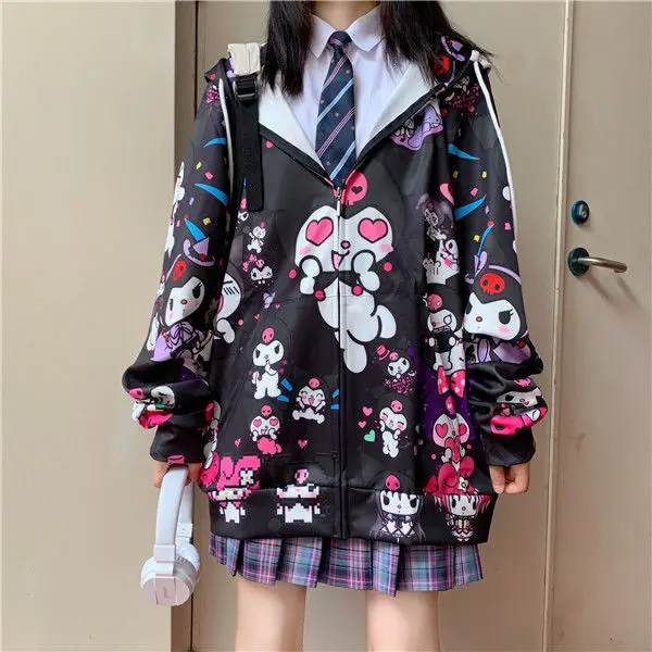 

Kawaii Cartoon Print Zip-up Hoodies Lovely Y2k Girl Harajuku Hooded Cardigan Sweatshirt Fushia Black Top Korean Fashion Clothes