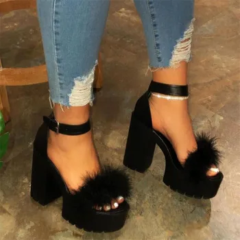 

Fashion 2020 New Women Fur Rubber High Heel Platform Outdoor Leisure Buckle Slippers Beach Sandals Ladies Banquet Sandals