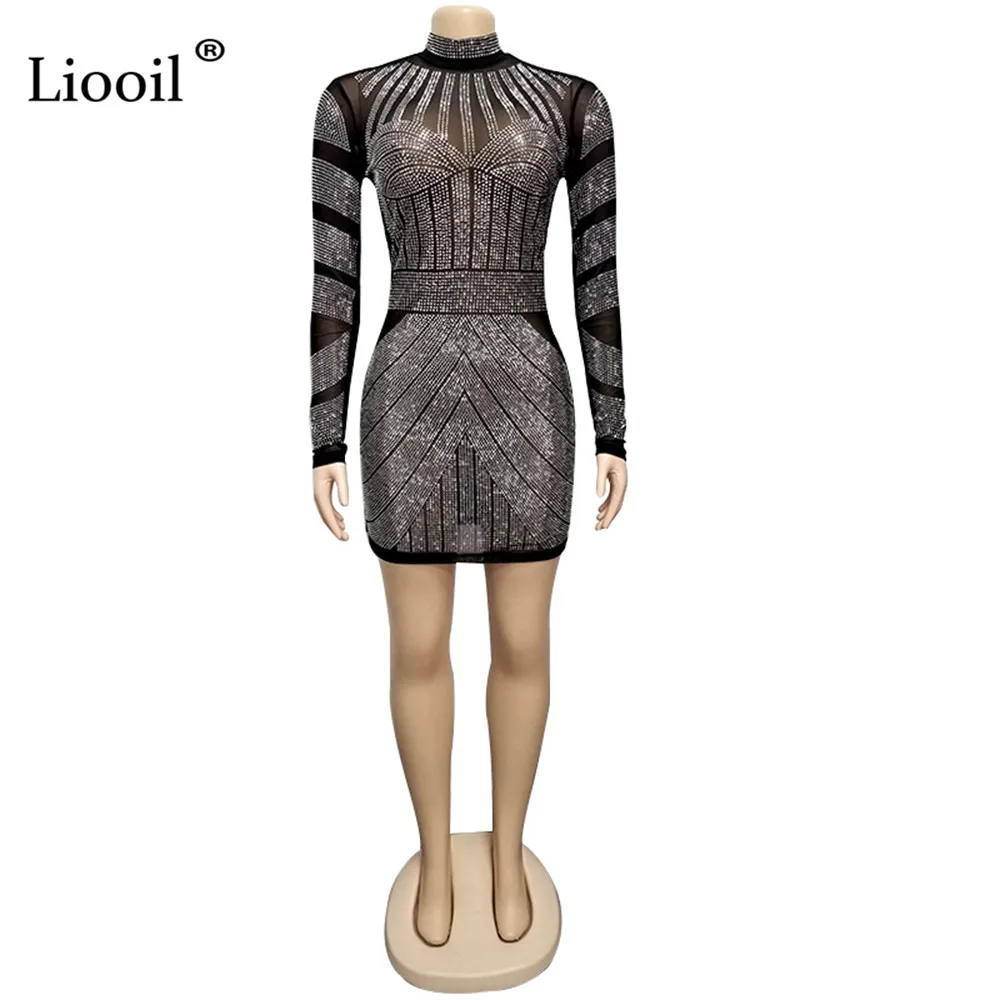 Liooil, черное, стразы, Сетчатое, прозрачное, сексуальное, облегающее, Мини платье для женщин, Клубная одежда,, длинный рукав, водолазка, высокая талия, Платья для вечеринок