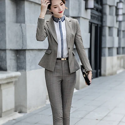 Apricot Pant Suits Высокое качество, серый, абрикосовый цвета, в клетку, Для женщин брючные костюмы для Профессиональный Бизнес комплект для Офисные женские туфли отель интервью Повседневная обувь - Цвет: Apricot Pant Suits