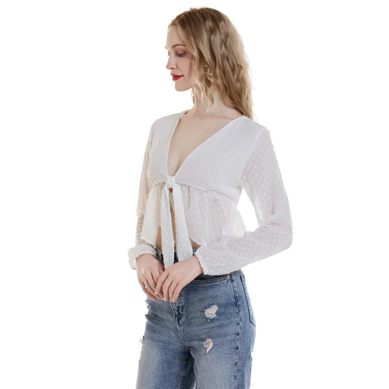 Летние повседневные Blusas Mujer De Moda с v-образным вырезом кружевные короткие женские рубашки-топы и блузки однотонные Длинные Blusas женское короткое платье