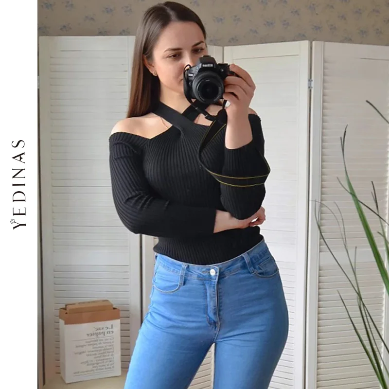Yedinas Sexy Knitted Sweater Famale Short Women Jumper Off Shoulder Tops Harajuku Sweaters 2020 Korean Ladies Women'S Pullovers | Женская