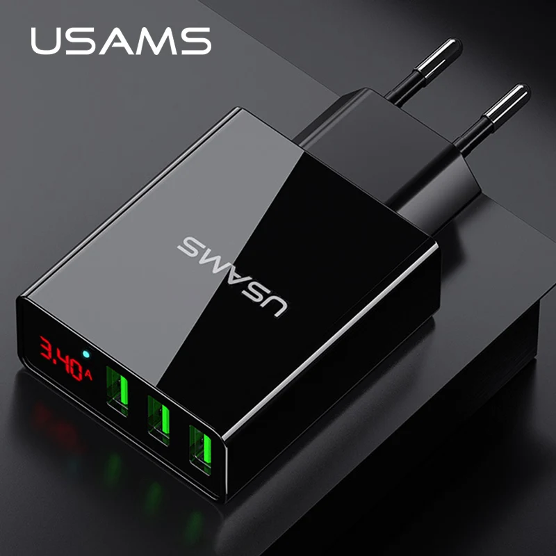 USAMS Dual USB 3USB зарядное устройство для мобильного телефона светодиодный дисплей 3A Быстрая зарядка EU зарядное устройство для iPhone samsung Xiaomi зарядное устройство адаптер 1 USB