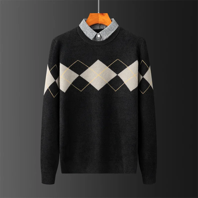 Men's Sweater 2021 Autumn Winter Contrast Color Fashion Clothing  Cotton Warm Jacquard Pullover Top Grade Fleece Male Tops designer sweaters for men