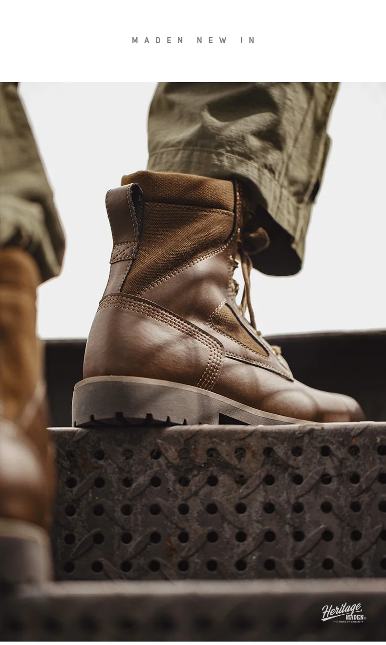 Maden Men's Genuine Leather Desert Boots Mid Retro High Street Martin Boots British Combat Boots Work & Safe Motorcycle Boot