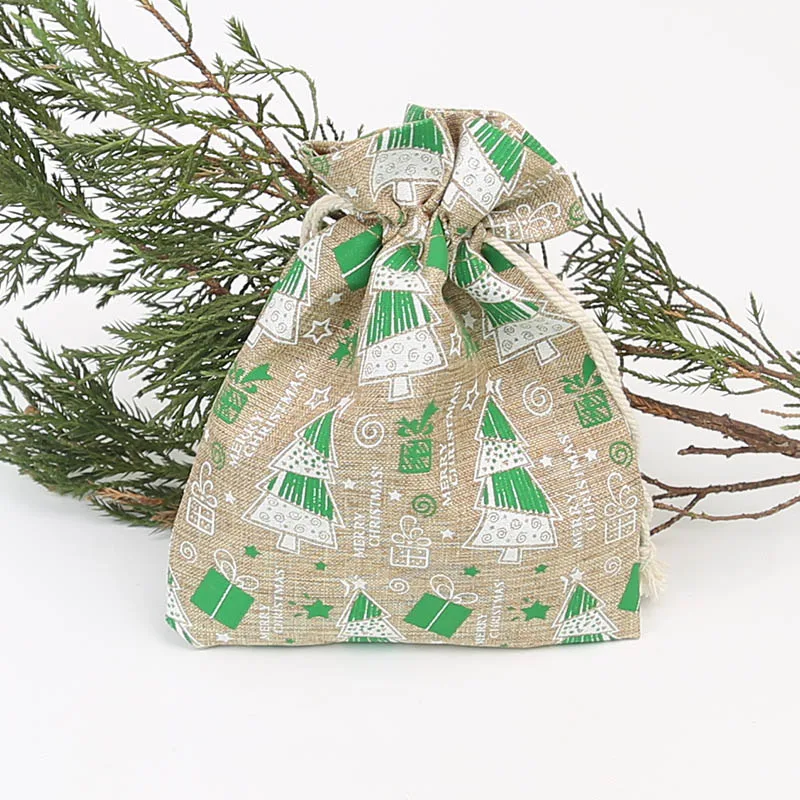 13 * 18Cm Christmas tree offset printed gift bag holiday gift storage bag 100Pcs jewelry imitation linen drawstring bag