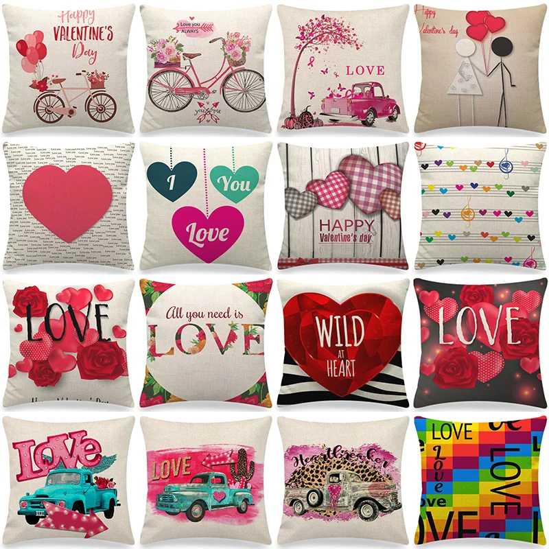 

Valentine's Day Decor Pillow Cover 45x45cm Farmhouse Home Decorative Throw Pillowcase Rose Truck Letter Printed Cushion Cover