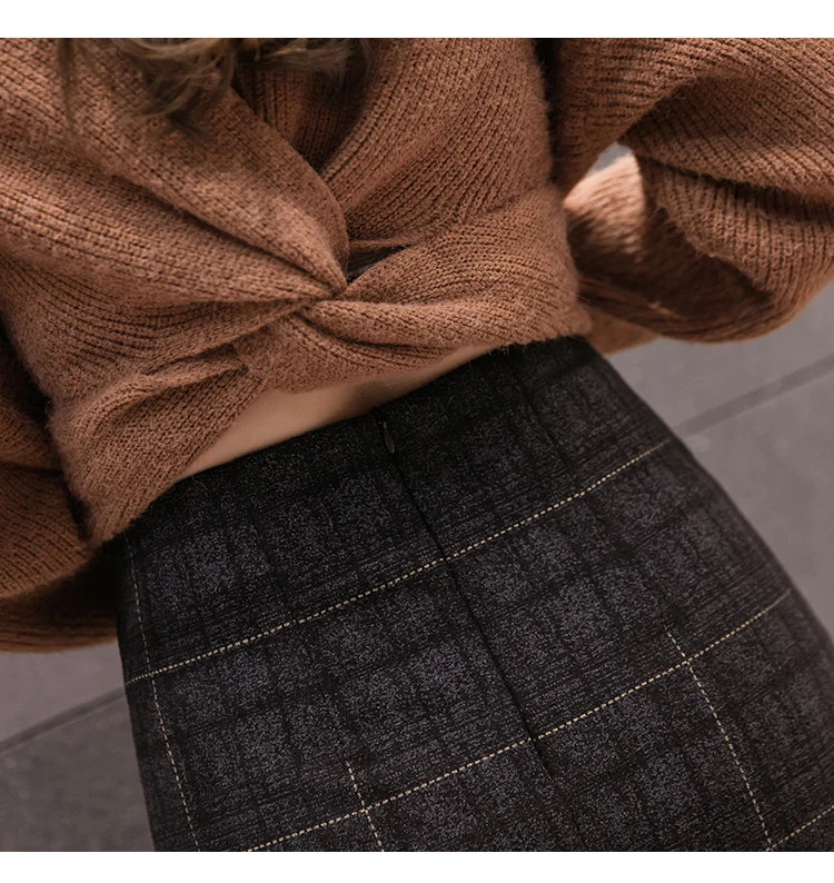 Зимняя шерстяная Женская юбка трапециевидной формы с высокой талией, осень, винтажные клетчатые Мини-шорты, юбки, Женская Офисная Рабочая Юбка, jupe femme