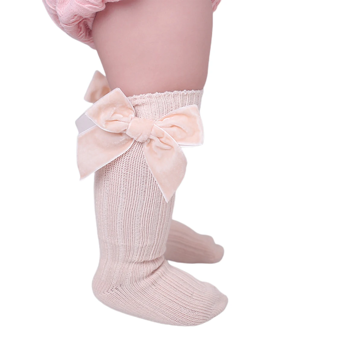 Baby Girl Knee High Rib Stockings Winter Warm Combed Cotton Knitted Stockings with Big Velvet Bow for Infants Toddlers 1-3Years cotton knee socks