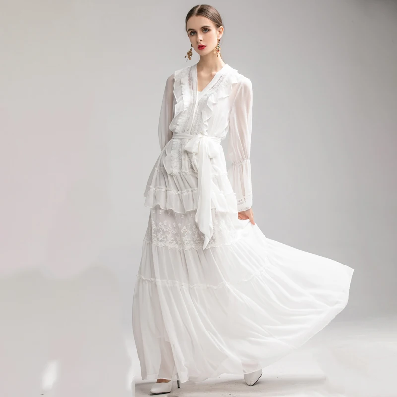 White AELESEEN, дизайн, высокое качество, Платья для вечеринок, женское, элегантное, с расклешенными рукавами, роскошное, кружевное, с поясом, свободная талия, гофрированное, макси платье - Цвет: White