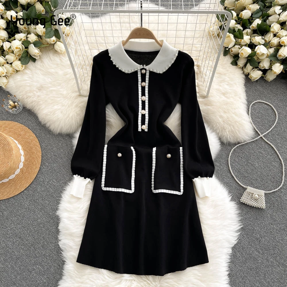 

Young Gee Elegant French Knitted Dress Women Peter Pan Collar Long Sleeve Pearls Beading Elastic Autumn Winter Sweater Dresses