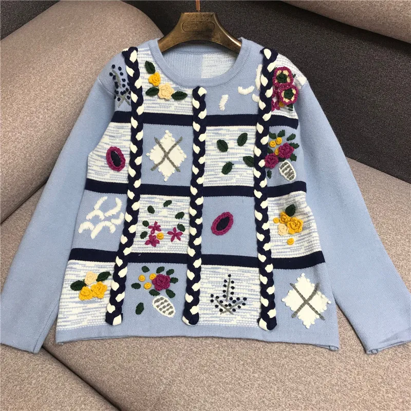 

Luxury Designer Brand Knitted Pullovers for Women Vintage O Neck Handcraft Twist 3D Embroidery Flowers Wool Knitted Sweater