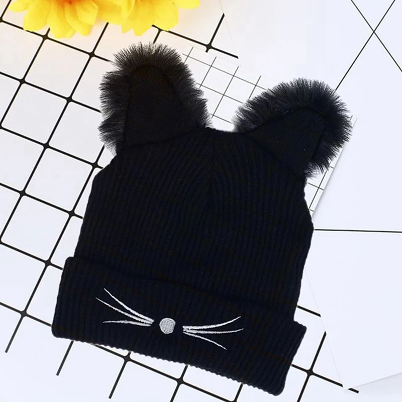 Женская вязаная шапка, утолщенная теплая шапка с кошачьими ушками, меховая шапка, ветронепроницаемая шапка