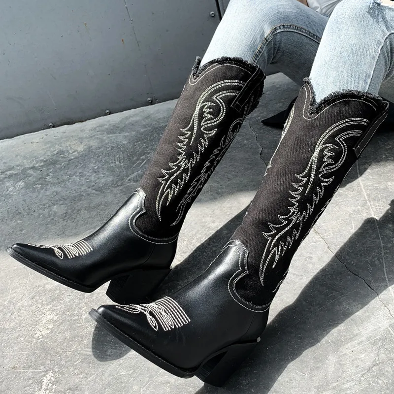 Buonoscarpe/женские ковбойские ботинки из натуральной кожи в западном стиле; зимние ковбойские ботинки с острым носком; цвет черный, белый; сапоги до колена; женская обувь; размеры 34-40