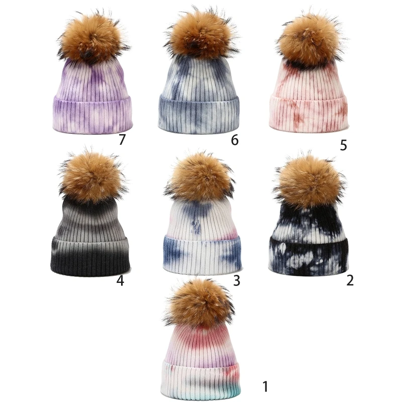 

Unisex Winter Warm Knit Beanie Hat Detachable Fluffy Pompom Tie-Dye Skull Cap