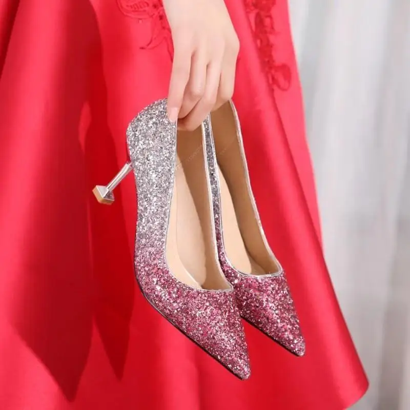

Europe and the United States temperament fashion autumn single shoes youth shallow mouth sequins pointed high heel shoes 5cm