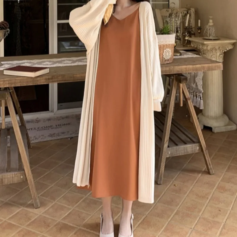 Ice Silk Outside with Knitted Cardigan Women's Spring and Autumn Thin 2021 New Korean Soft Lazy Wind Long Coat |