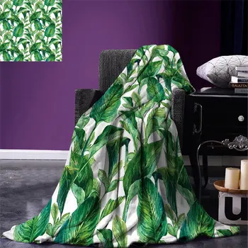 

Leaf Throw Blanket Romantic Holiday Island Hawaiian Banana Trees Watercolored Image Blanket for Bed Couch Dark Green and Forest