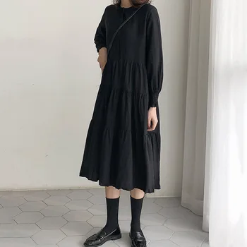

Spring 2020 Japan Korean Style Women Solid Color Loose Day Dress Long Sleeve Mid-Calf A-Line Pleated Dress Casual Vestidos