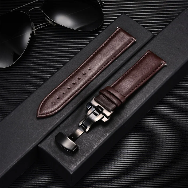 Premium Leather Watchband with Stainless Steel Butterfly Buckle