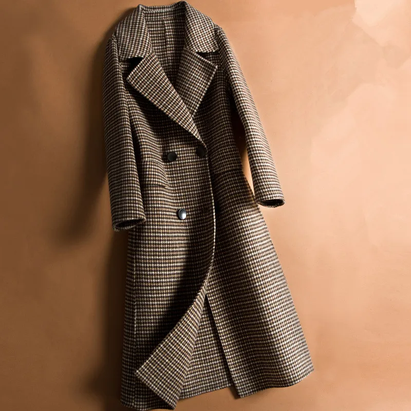 

2019 Autumn Winter Plaid Wool Coat Women Vintage Big size Slim Long Double Breasted Houndstooth Woolen Jacket Outerwear Female