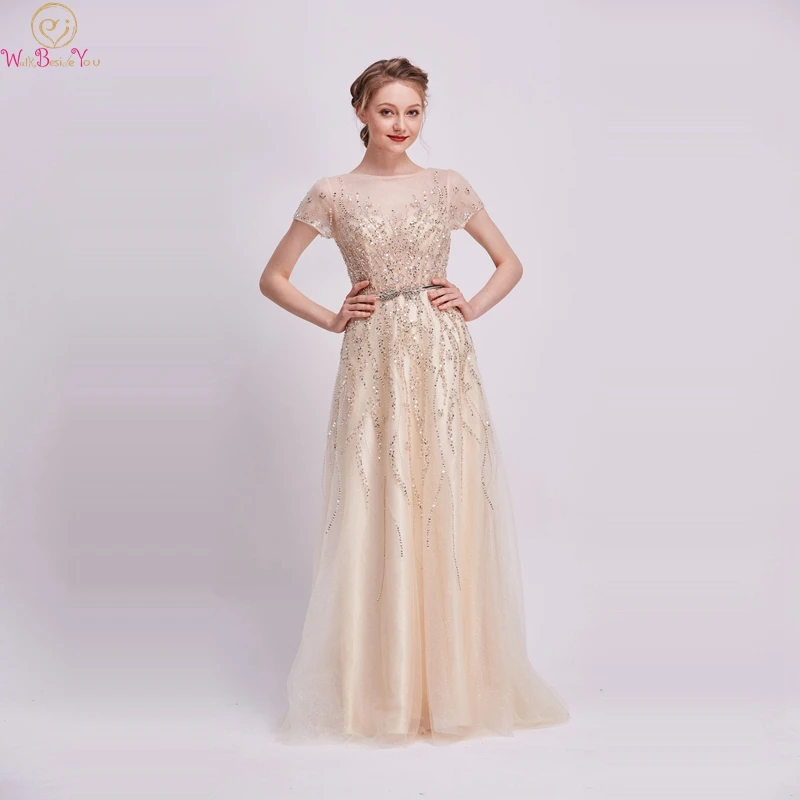 

Champagne A-Line Formal Party Prom Dresses 2019 Elegant Short Sleeve Luxury Beading Sequins Long vestidos de gala Evening Gowns