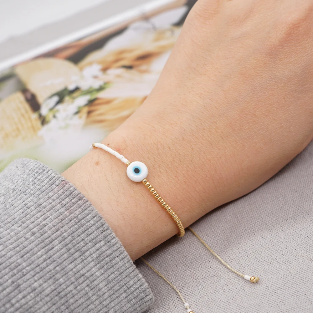 Go2BoHo Eye Bracelet Miyuki Dainty Tiny Beaded Simple Bracelets for Women Fashion Jewelry Gold White Color Adjustable Rope