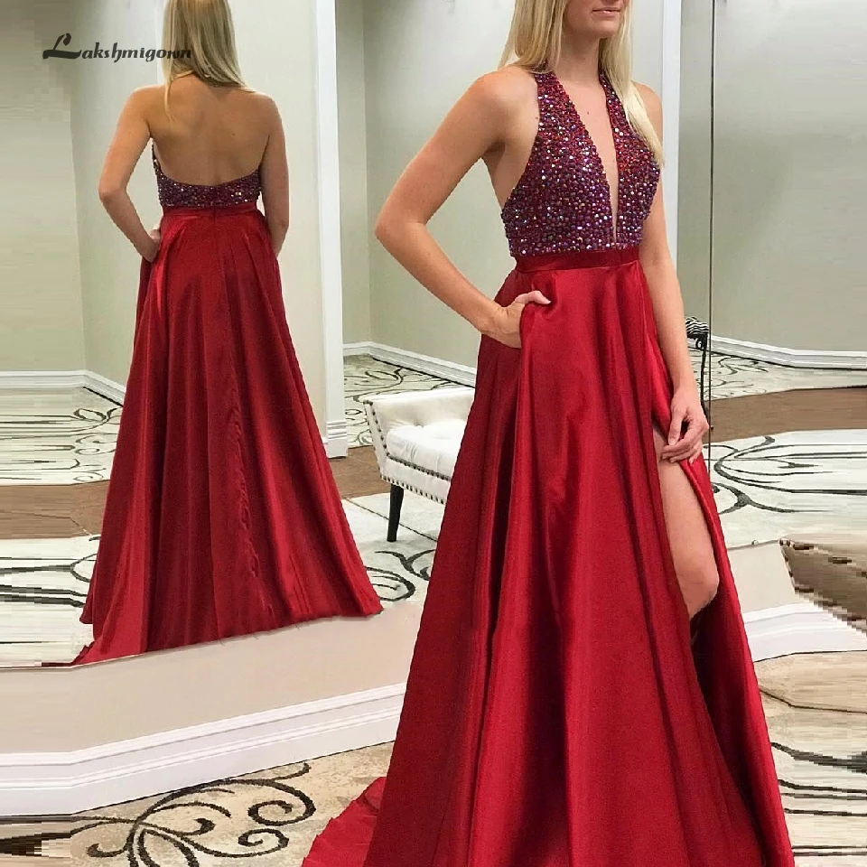 Красный Lakshmigown сексуальное женское Красное Атласное длинное вечернее платье с карманами Vestidos праздничные платья для выпускного на бретелях вечерние платья с кристаллами - Цвет: Красный