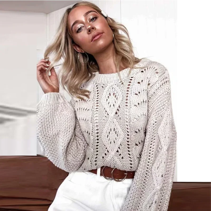 

Autumn Winter 2019 Women Sweaters Women Pullover Sweater Lantern Sleeve Knitted Sweater Hollow Out Jumpers kz418