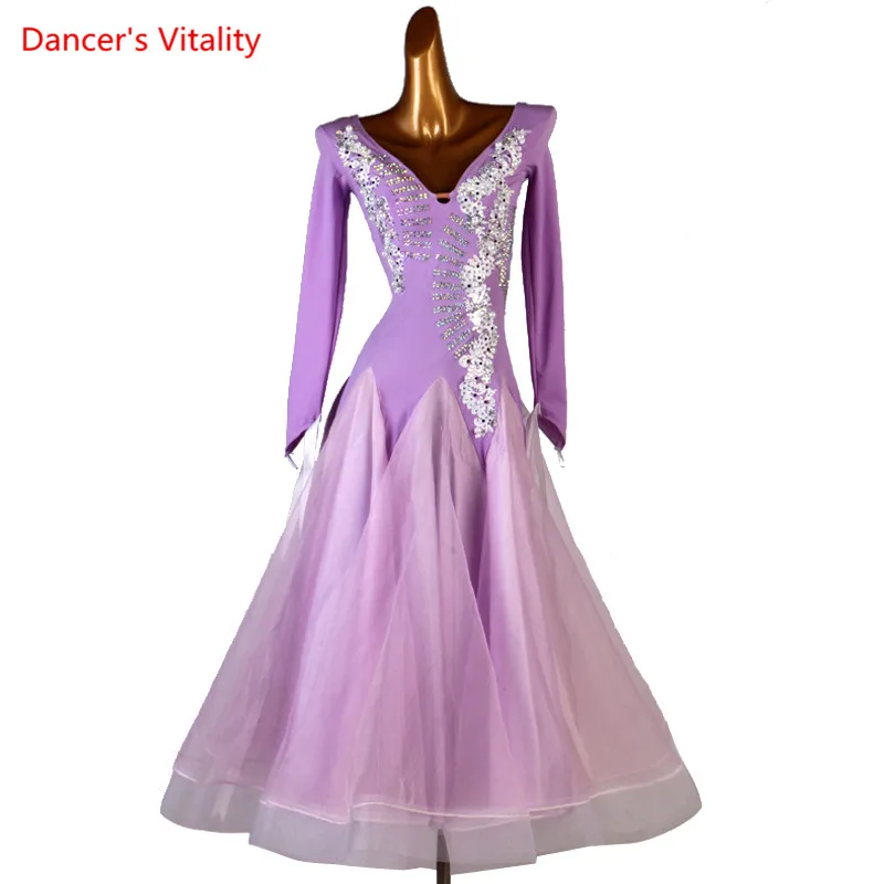 

Modern Dance Dress V-Neck Diamond-Studded Mesh Long Skirt Performance Clothing High-end Custom Child Woman Competition Clothes