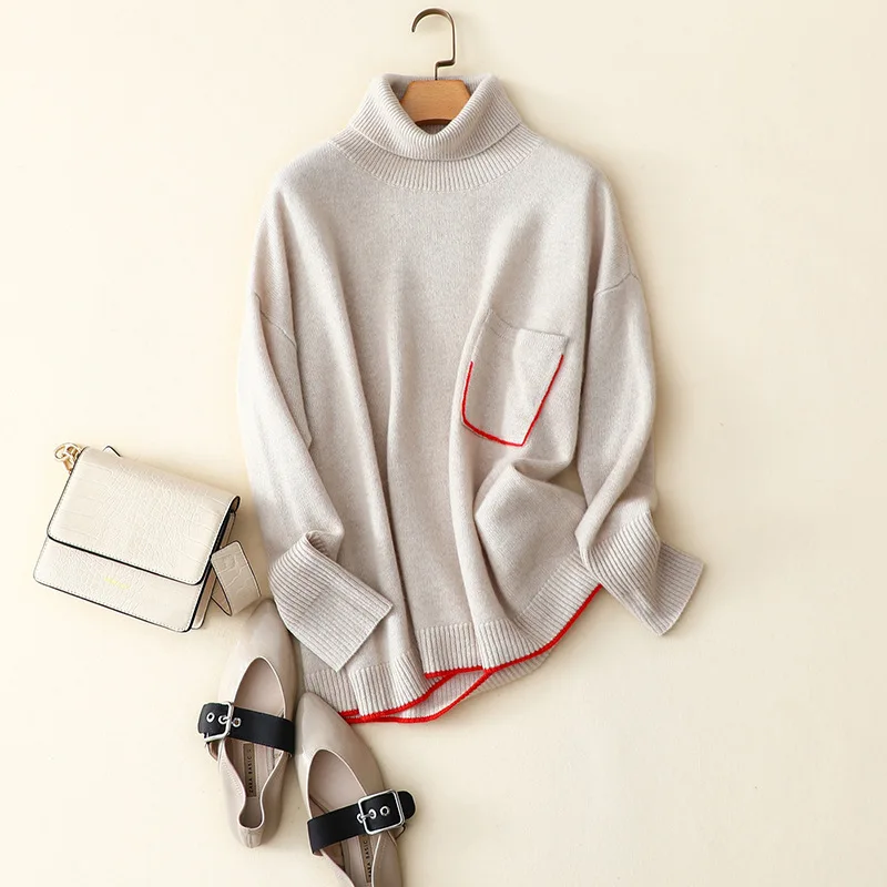 

Pullover with A High Collar Womens New Arrival Sweaters Cashmere Turtleneck Solid Pockets Casual Loose Women Tops Winter 2019