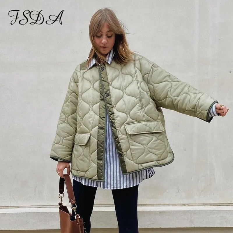 Winter Quilted Coat Parkas Warm Women Green Oversized Casual
